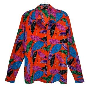 Shomi Silk Women’s Bright Red Blouse w/ Multicolored Umbrella Pattern - Size 10